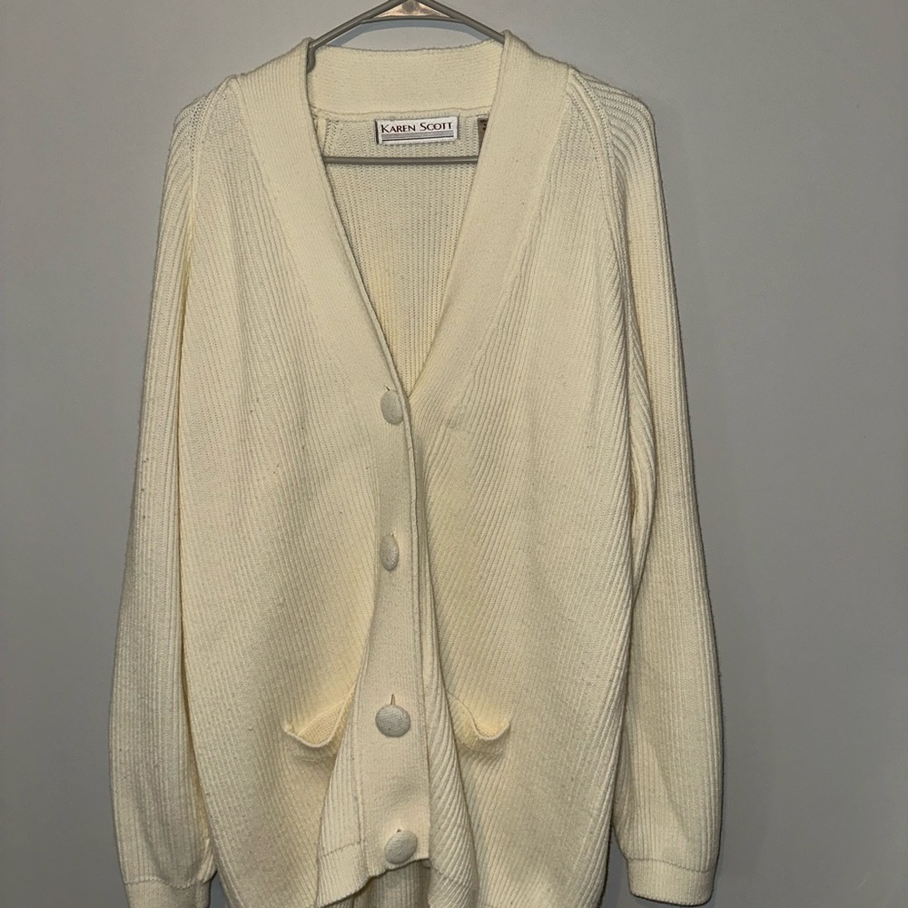 Karen Scott Cream Cardigan Sweater V-Neck Knit